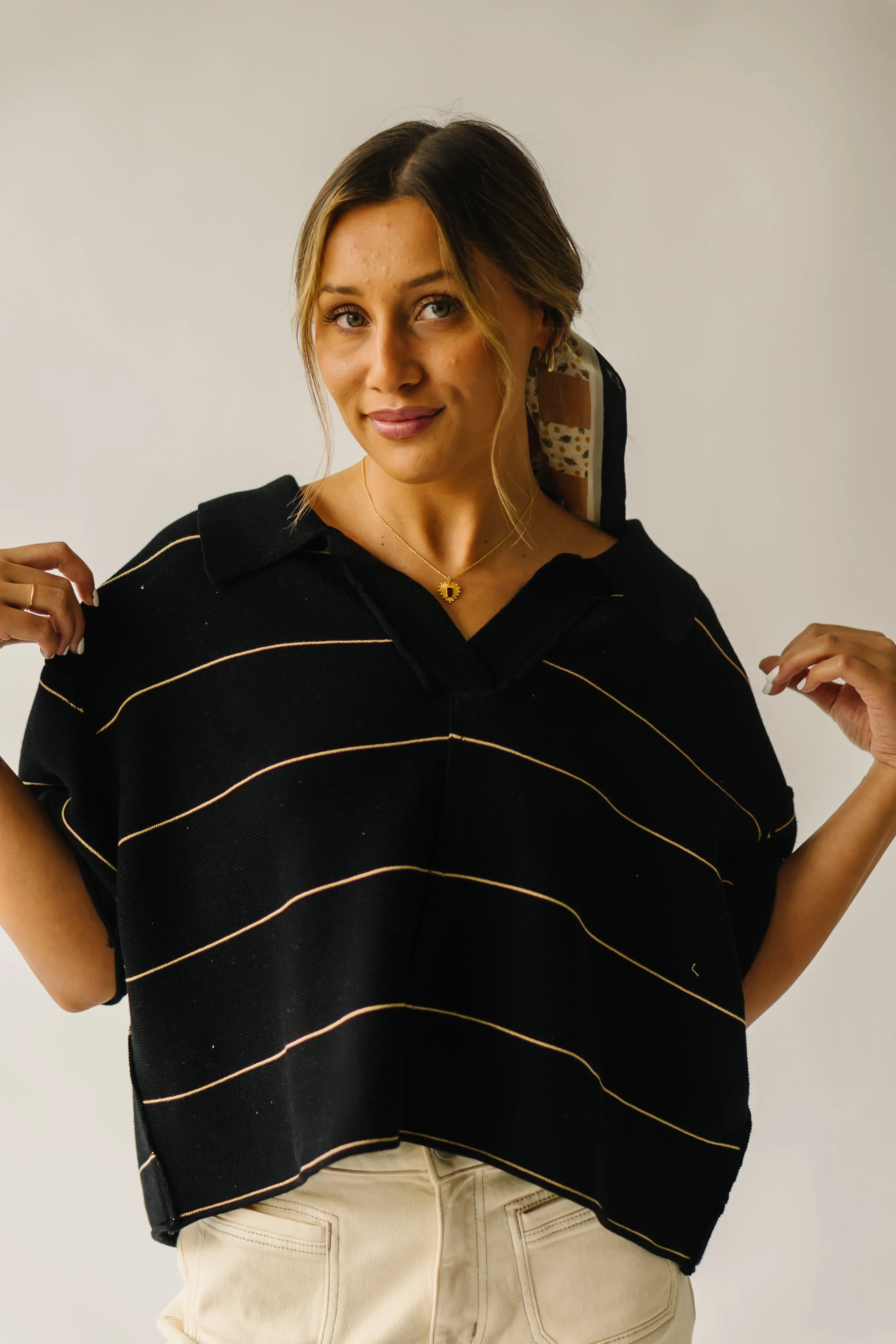 The Dellona Collared Blouse in Black   Tan Stripe