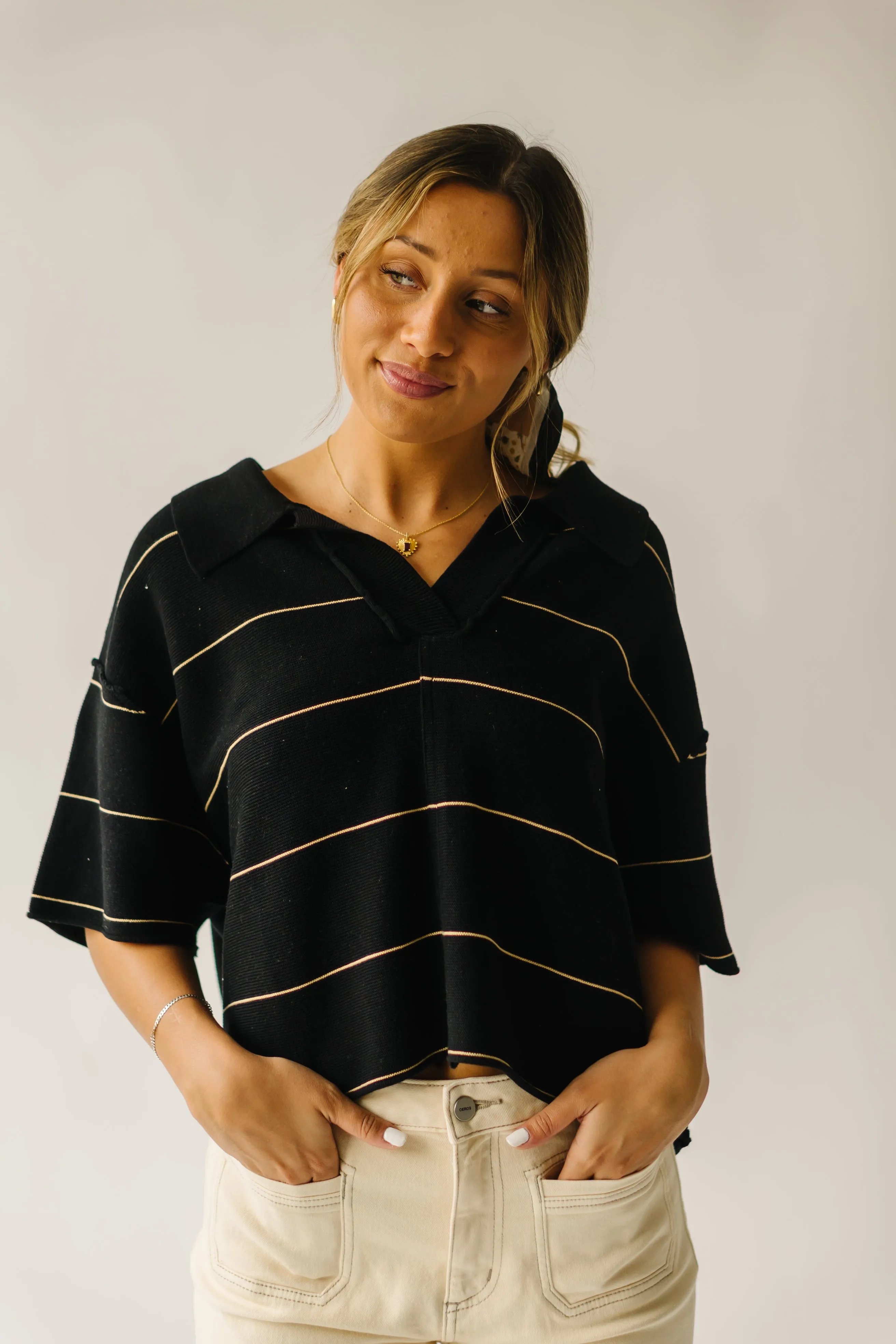 The Dellona Collared Blouse in Black   Tan Stripe