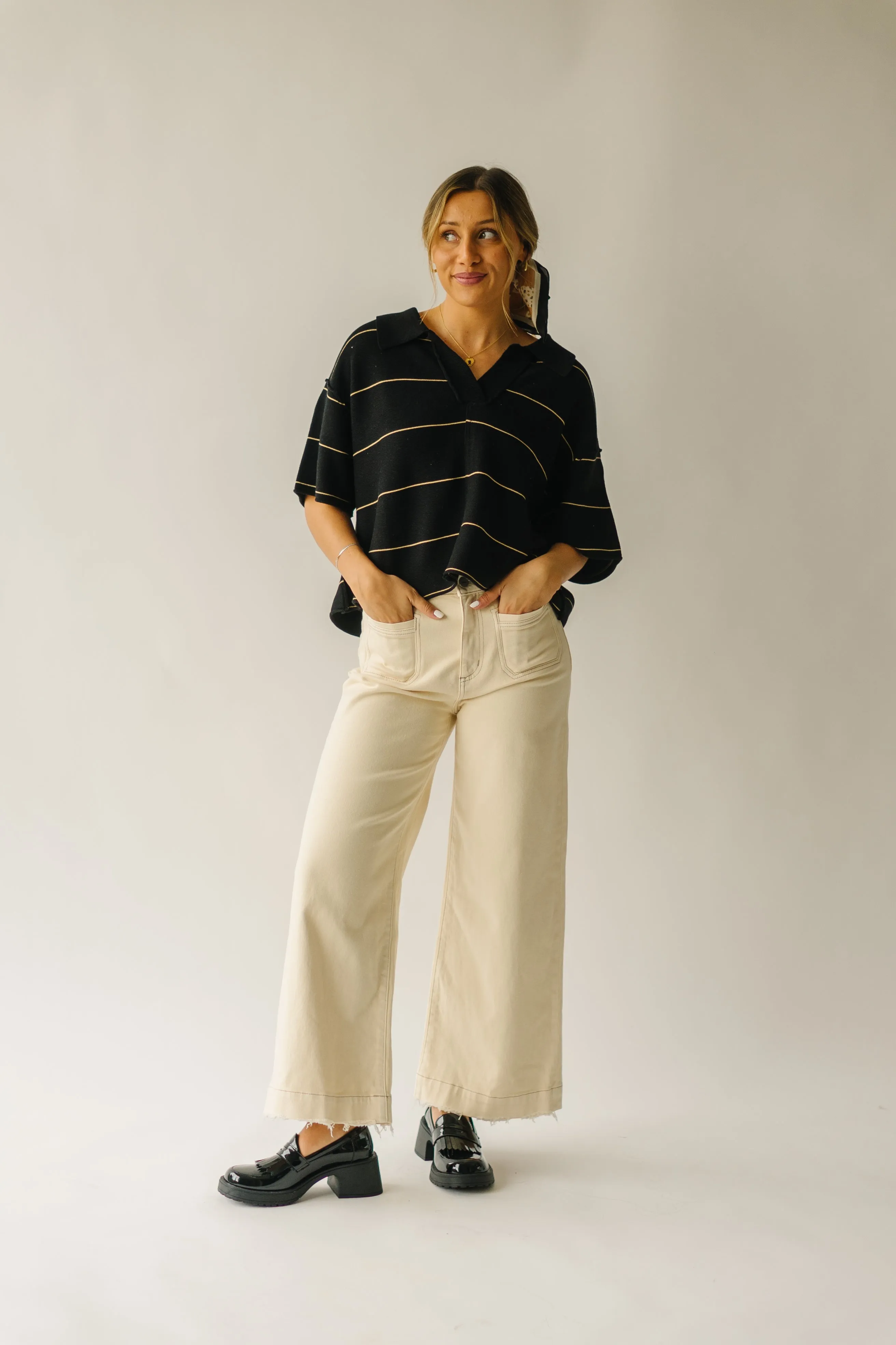 The Dellona Collared Blouse in Black   Tan Stripe