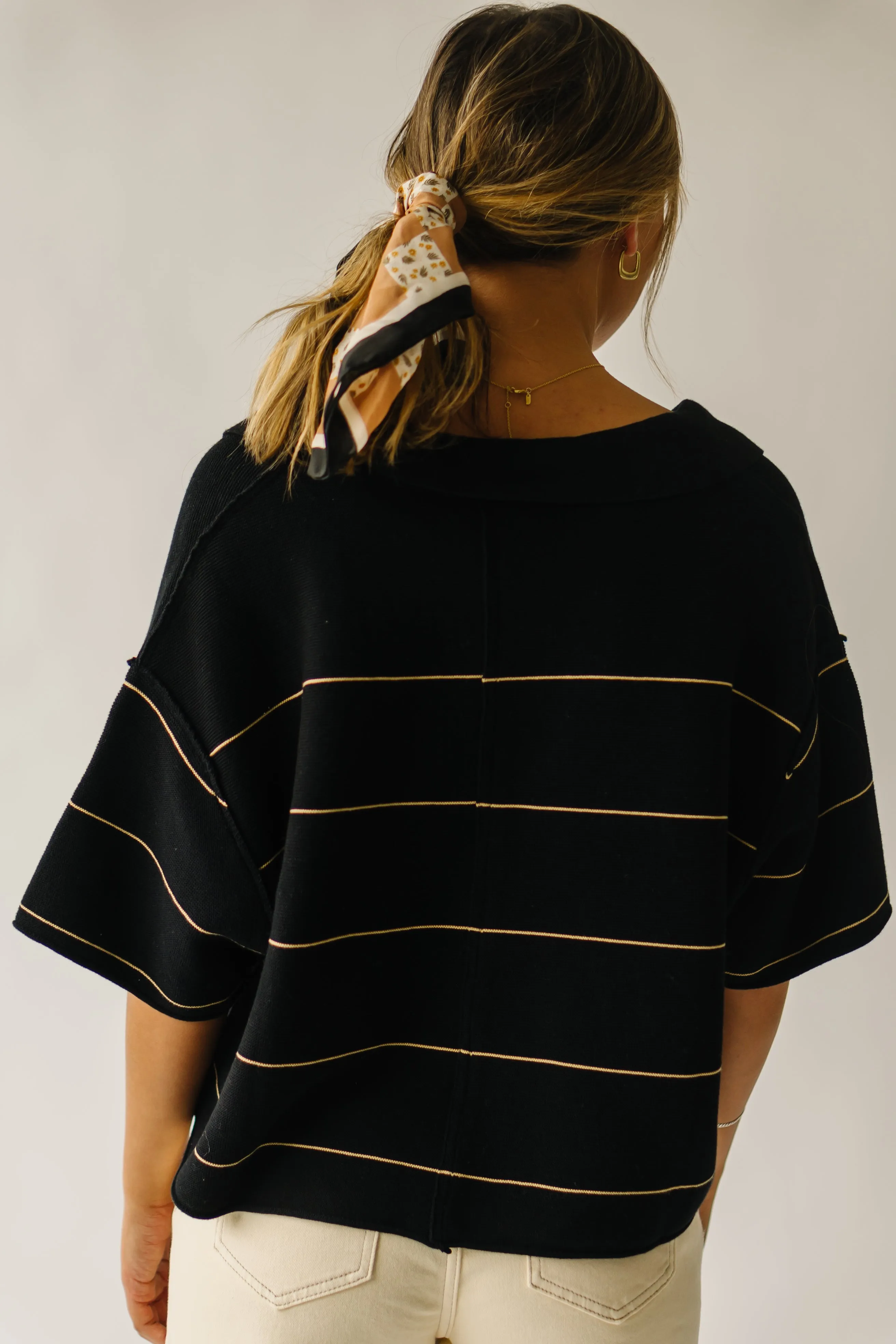 The Dellona Collared Blouse in Black   Tan Stripe