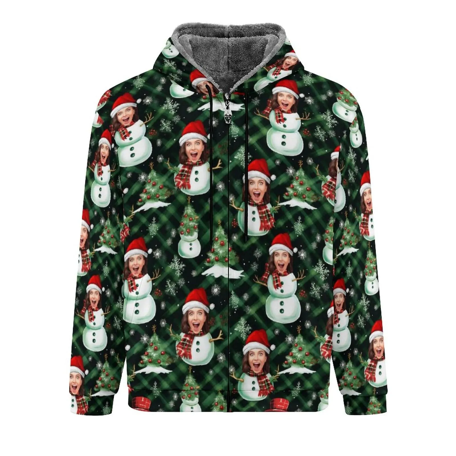 [Thick and Warm]Custom Face Christmas Snowman Green Full Zip Hoodie Double Layer Fleece Thickened Jacket