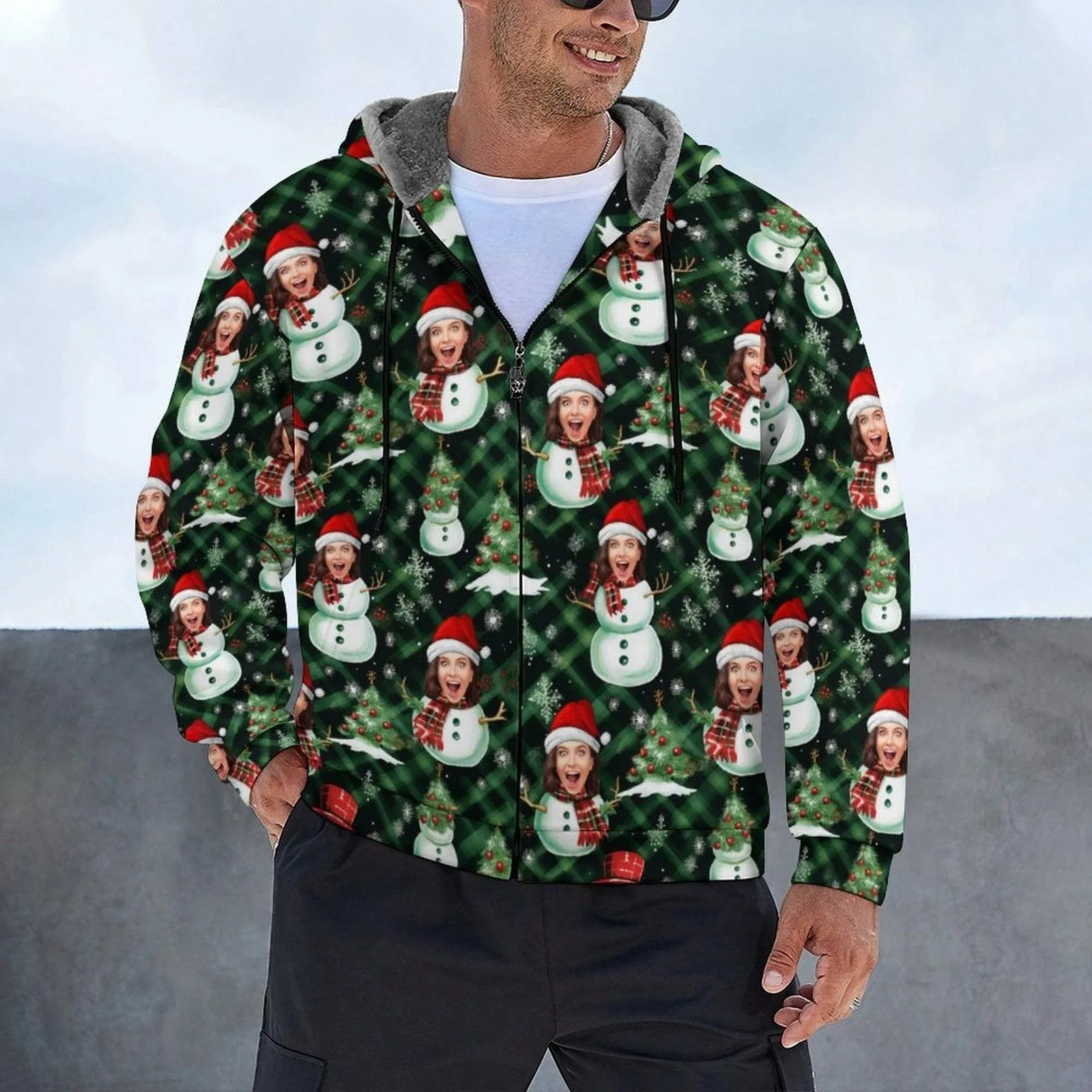 [Thick and Warm]Custom Face Christmas Snowman Green Full Zip Hoodie Double Layer Fleece Thickened Jacket