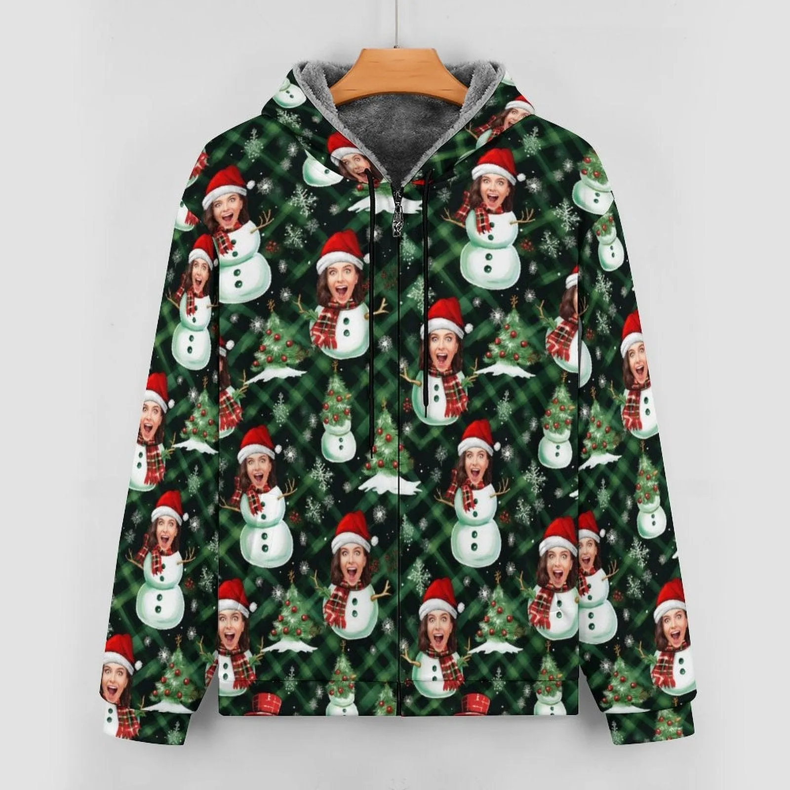 [Thick and Warm]Custom Face Christmas Snowman Green Full Zip Hoodie Double Layer Fleece Thickened Jacket