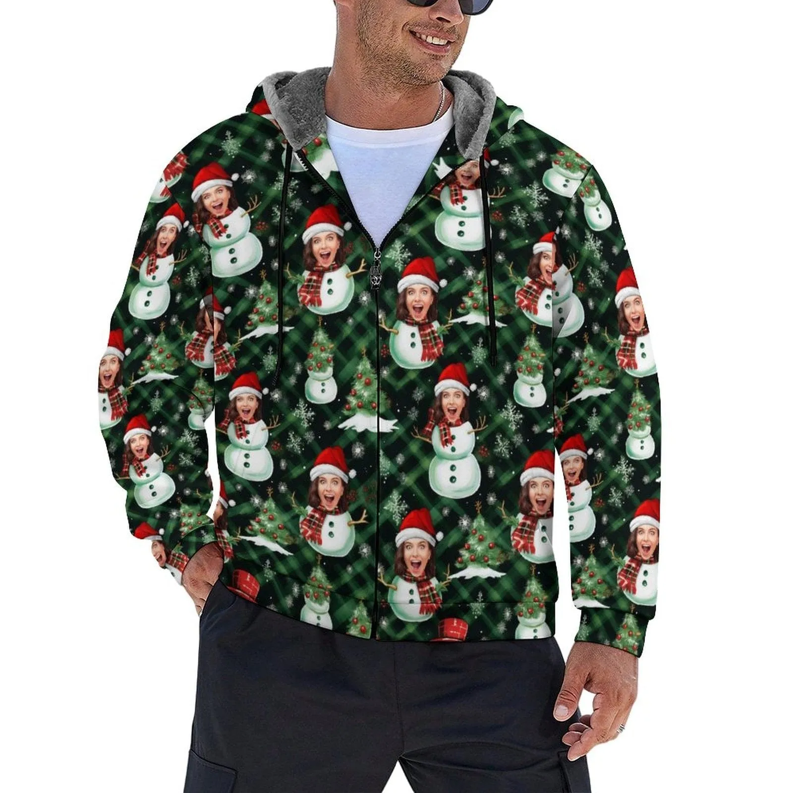 [Thick and Warm]Custom Face Christmas Snowman Green Full Zip Hoodie Double Layer Fleece Thickened Jacket