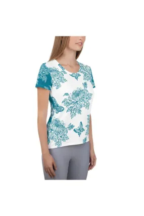 Two-Tone Chrysanthemum & Butterfly Print Women's Athletic T-shirt