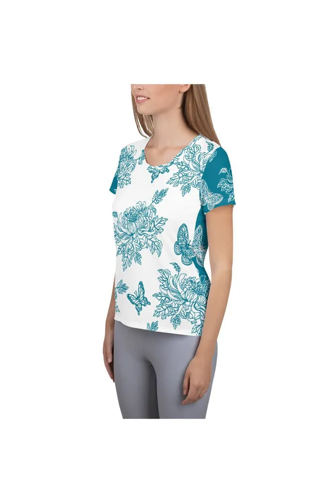 Two-Tone Chrysanthemum & Butterfly Print Women's Athletic T-shirt