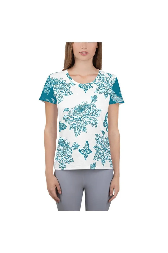 Two-Tone Chrysanthemum & Butterfly Print Women's Athletic T-shirt