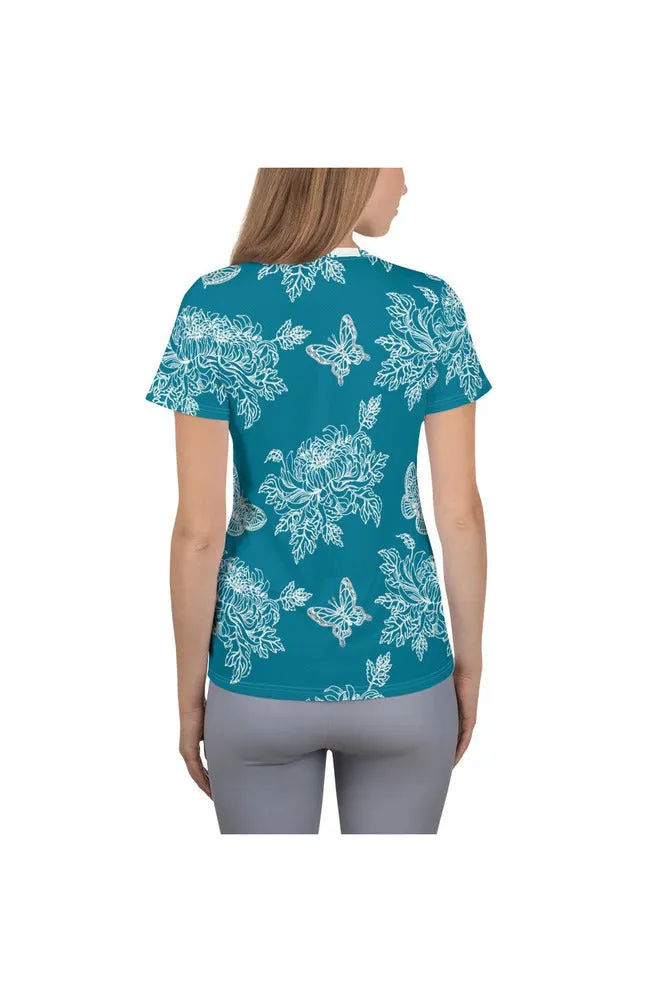 Two-Tone Chrysanthemum & Butterfly Print Women's Athletic T-shirt