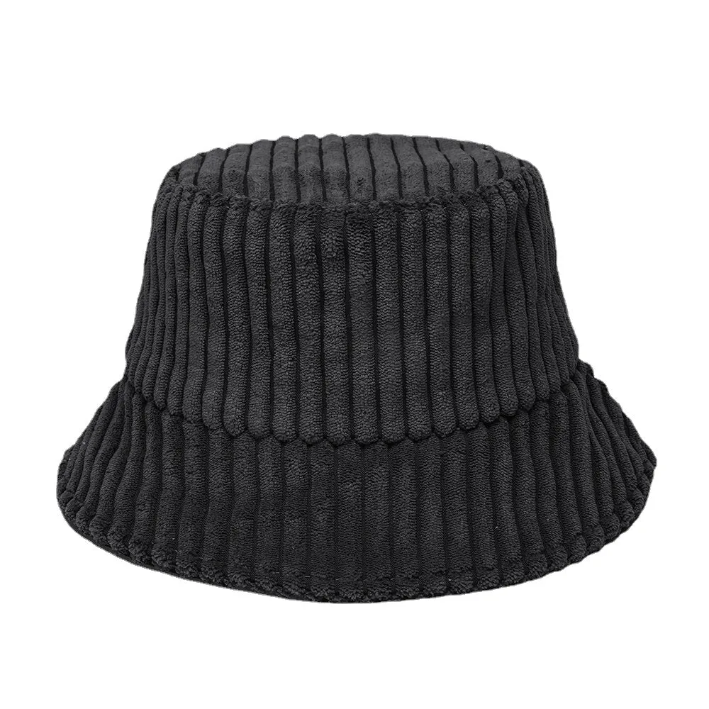 Unisex Corduroy Stripes Pattern Solid Color Warm Ear Protection Couple Hat Bucket Hat