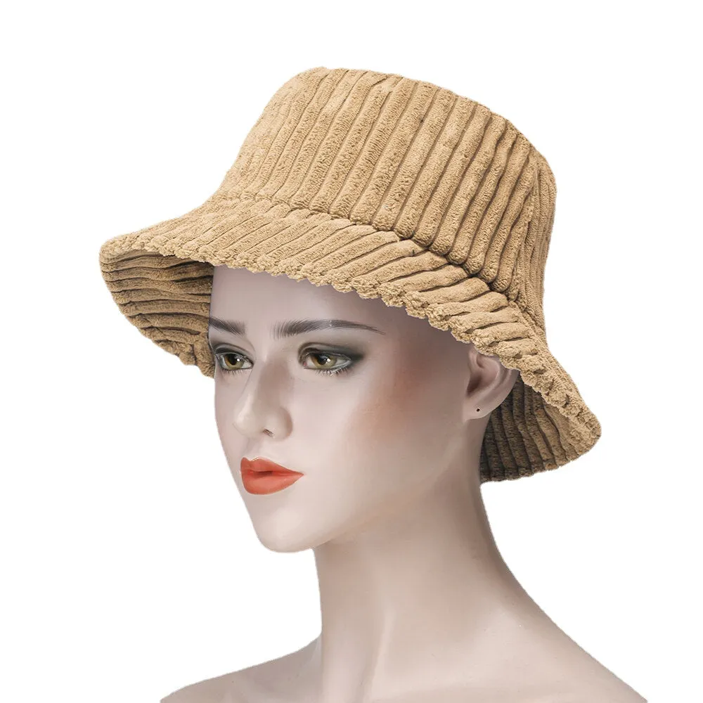 Unisex Corduroy Stripes Pattern Solid Color Warm Ear Protection Couple Hat Bucket Hat