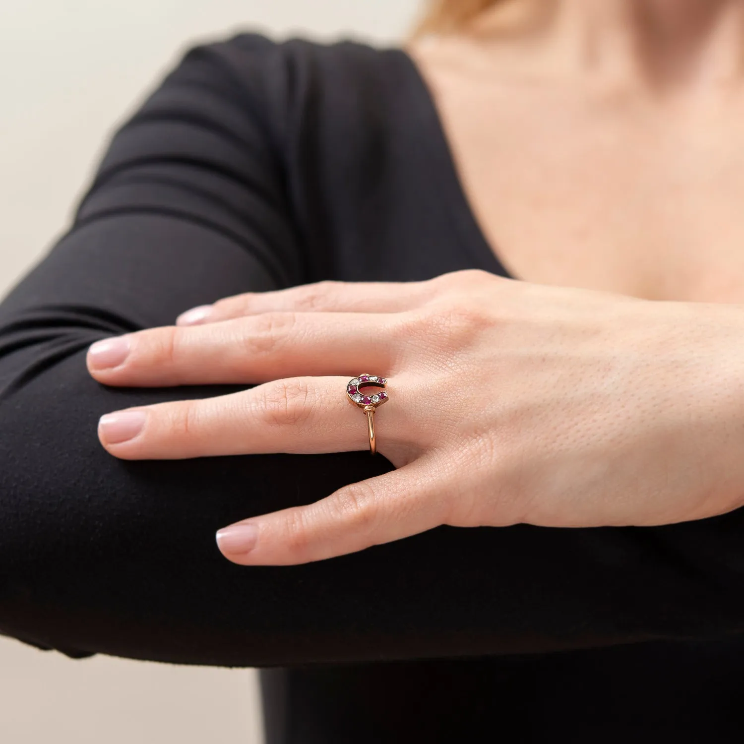 Victorian 15k Diamond   Ruby Horseshoe "Good Luck" Ring