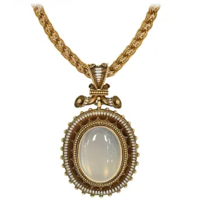 Victorian Large 18kt Enameled   Moonstone Pendant Necklace