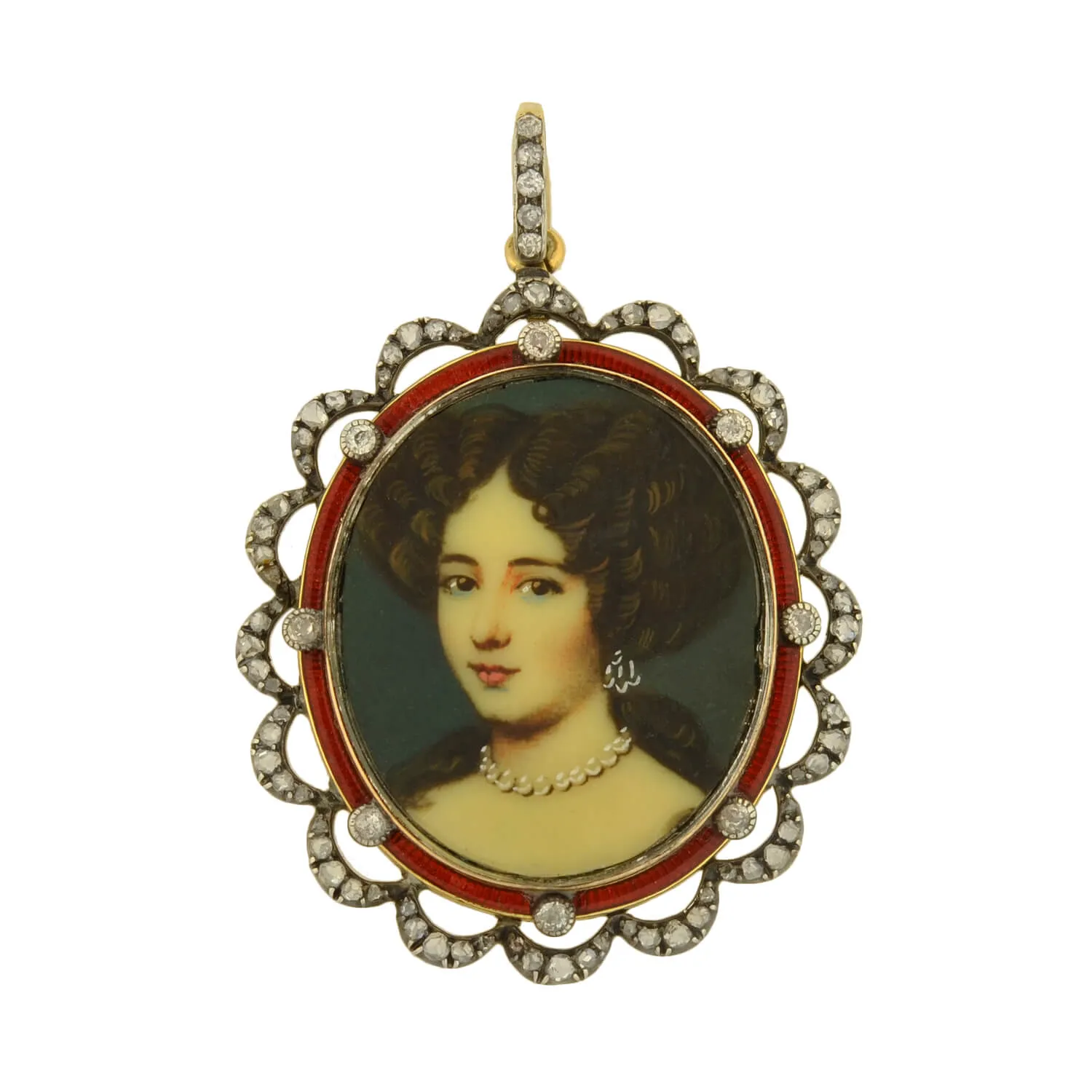 Victorian Sterling/14kt Enameled Diamond   Painted Portrait Locket Pendant