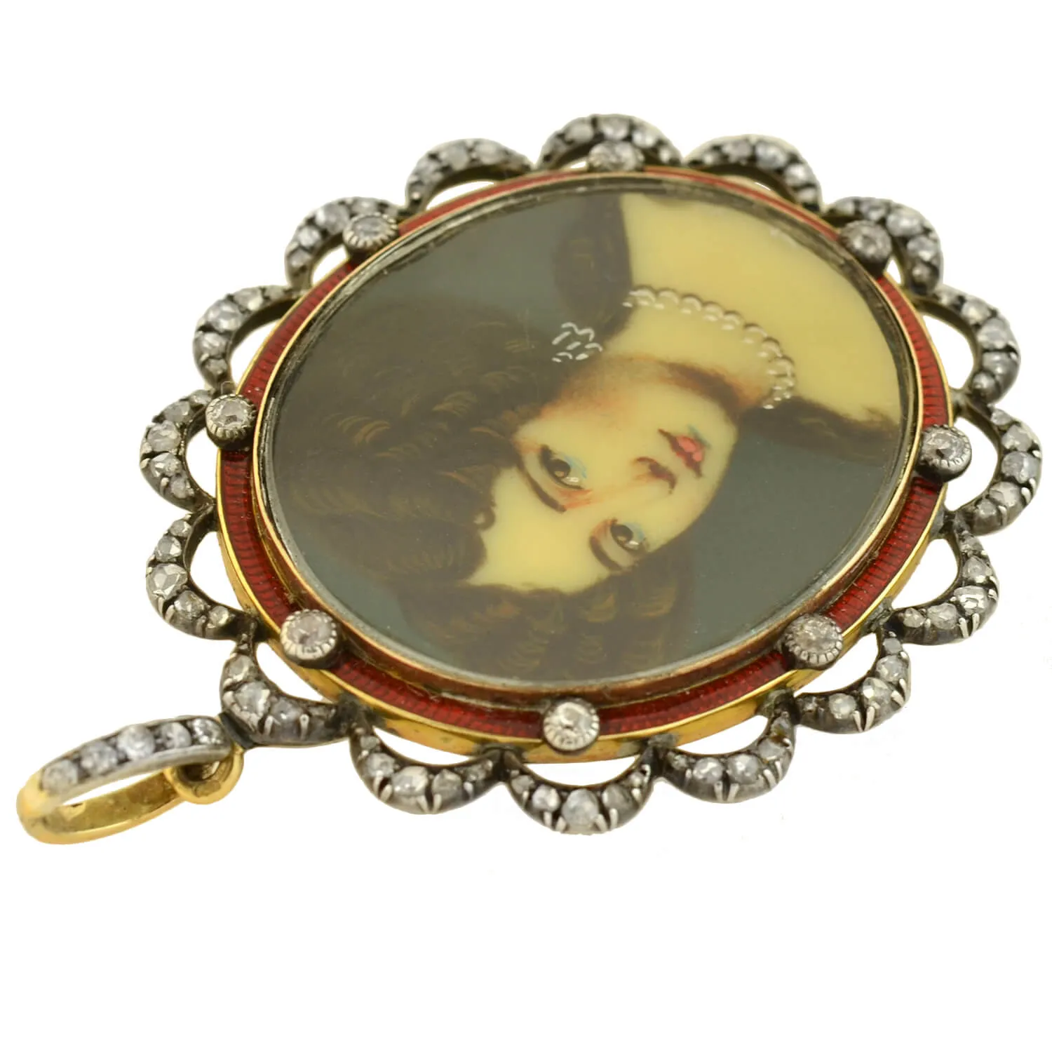 Victorian Sterling/14kt Enameled Diamond   Painted Portrait Locket Pendant