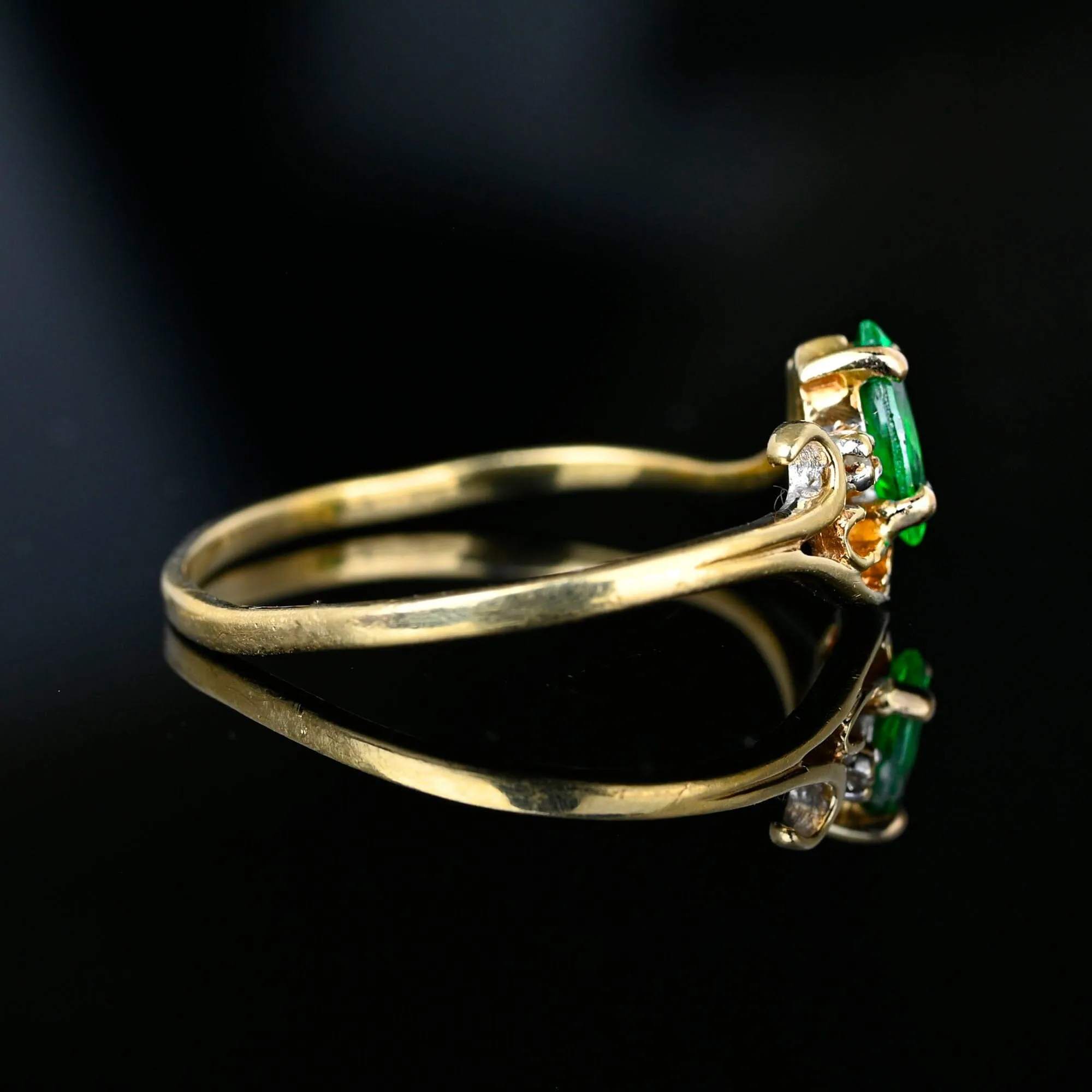 Vintage 10K Gold Bypass Diamond Marquise Emerald Ring