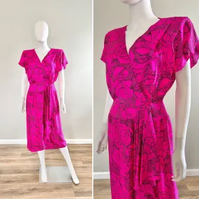 Vintage 1980s Norah Noh Wrap Dress / 80s hot pink silk abstract print dress / Size S M