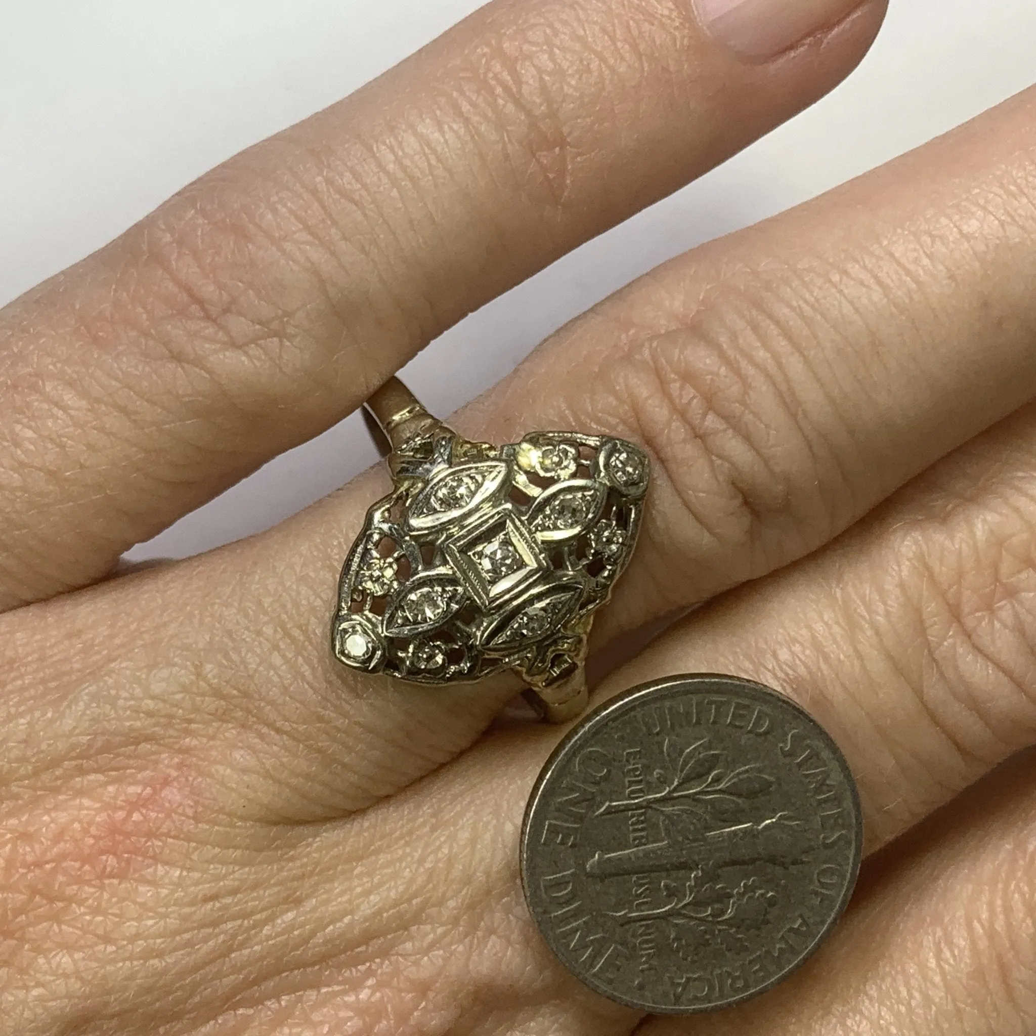 Vintage Diamond Shield Ring in a 14K White Gold Art Nouveau Filigree Setting. Unique Engagement Ring.