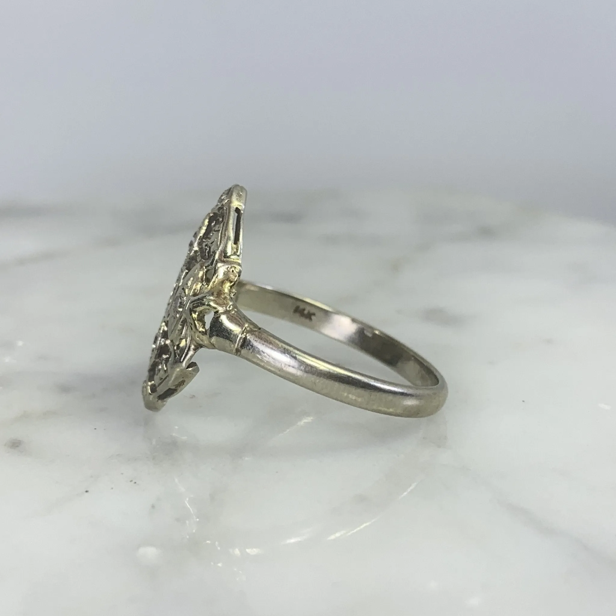 Vintage Diamond Shield Ring in a 14K White Gold Art Nouveau Filigree Setting. Unique Engagement Ring.