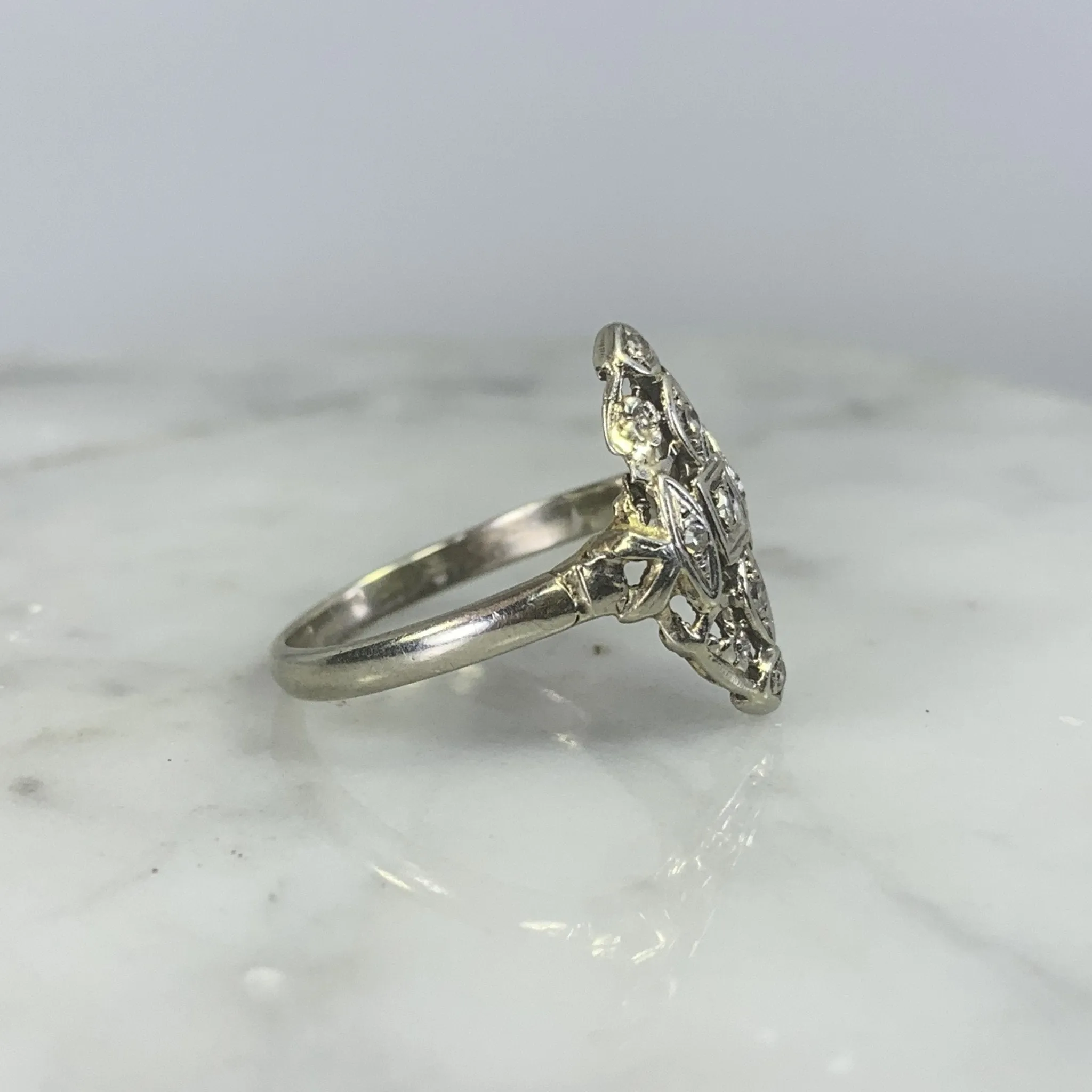 Vintage Diamond Shield Ring in a 14K White Gold Art Nouveau Filigree Setting. Unique Engagement Ring.