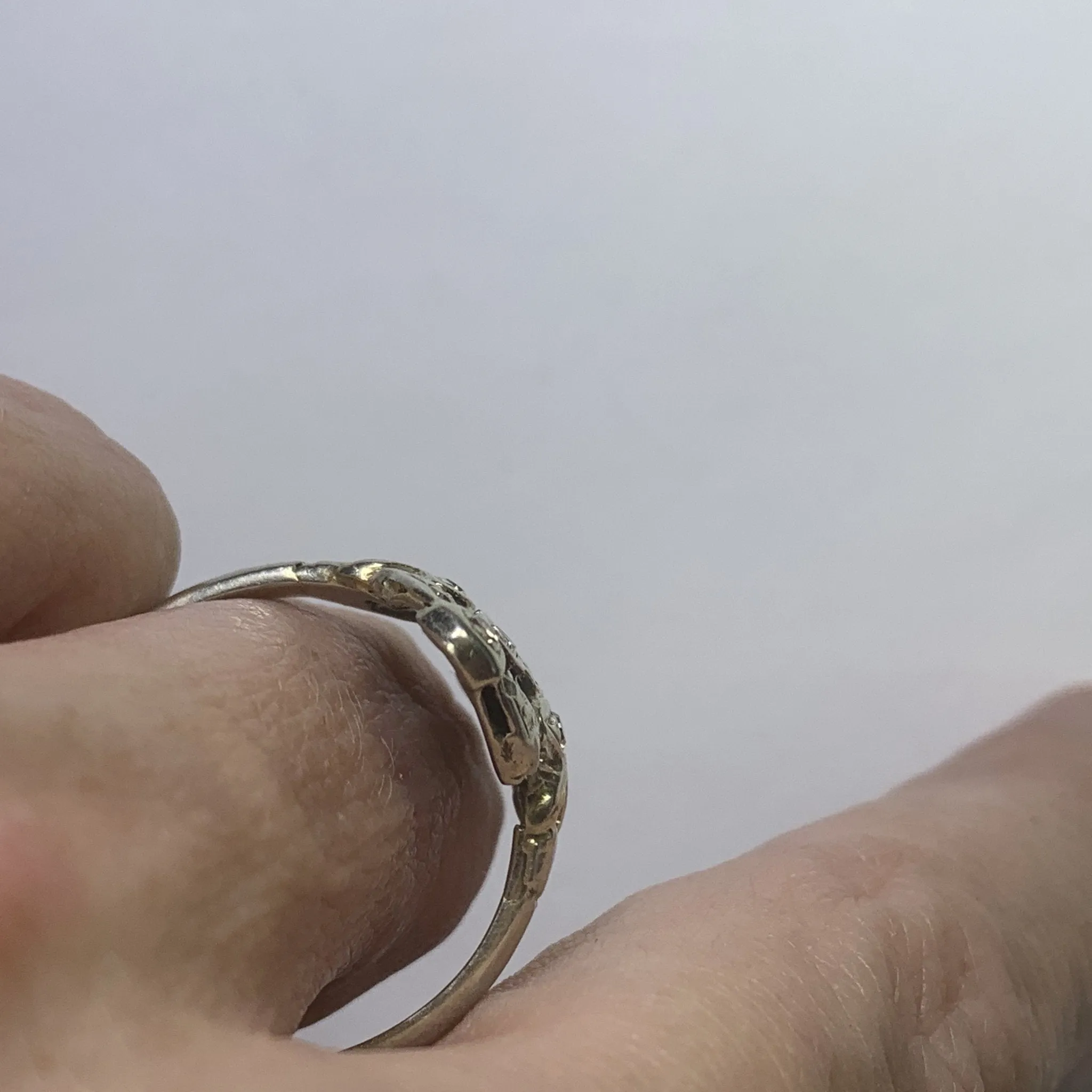 Vintage Diamond Shield Ring in a 14K White Gold Art Nouveau Filigree Setting. Unique Engagement Ring.