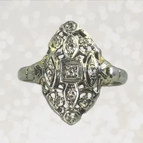 Vintage Diamond Shield Ring in a 14K White Gold Art Nouveau Filigree Setting. Unique Engagement Ring.