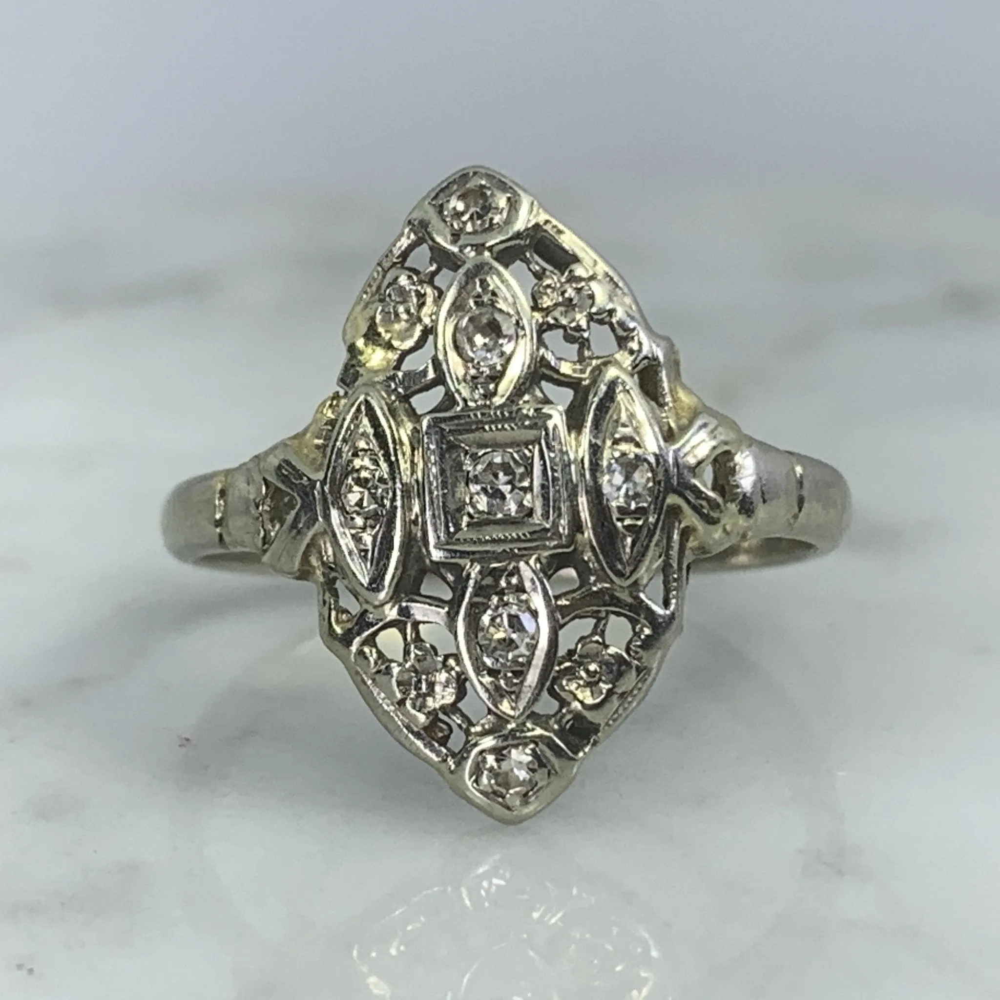 Vintage Diamond Shield Ring in a 14K White Gold Art Nouveau Filigree Setting. Unique Engagement Ring.