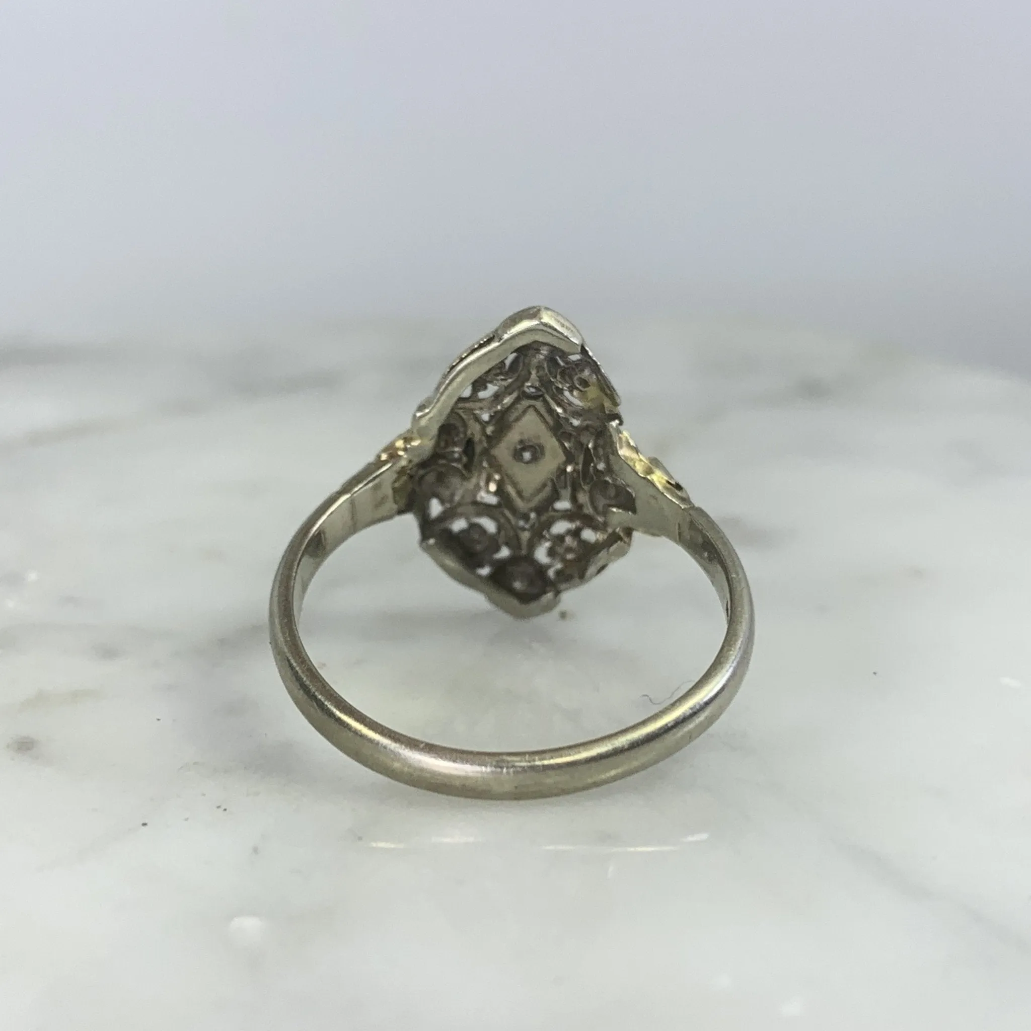 Vintage Diamond Shield Ring in a 14K White Gold Art Nouveau Filigree Setting. Unique Engagement Ring.