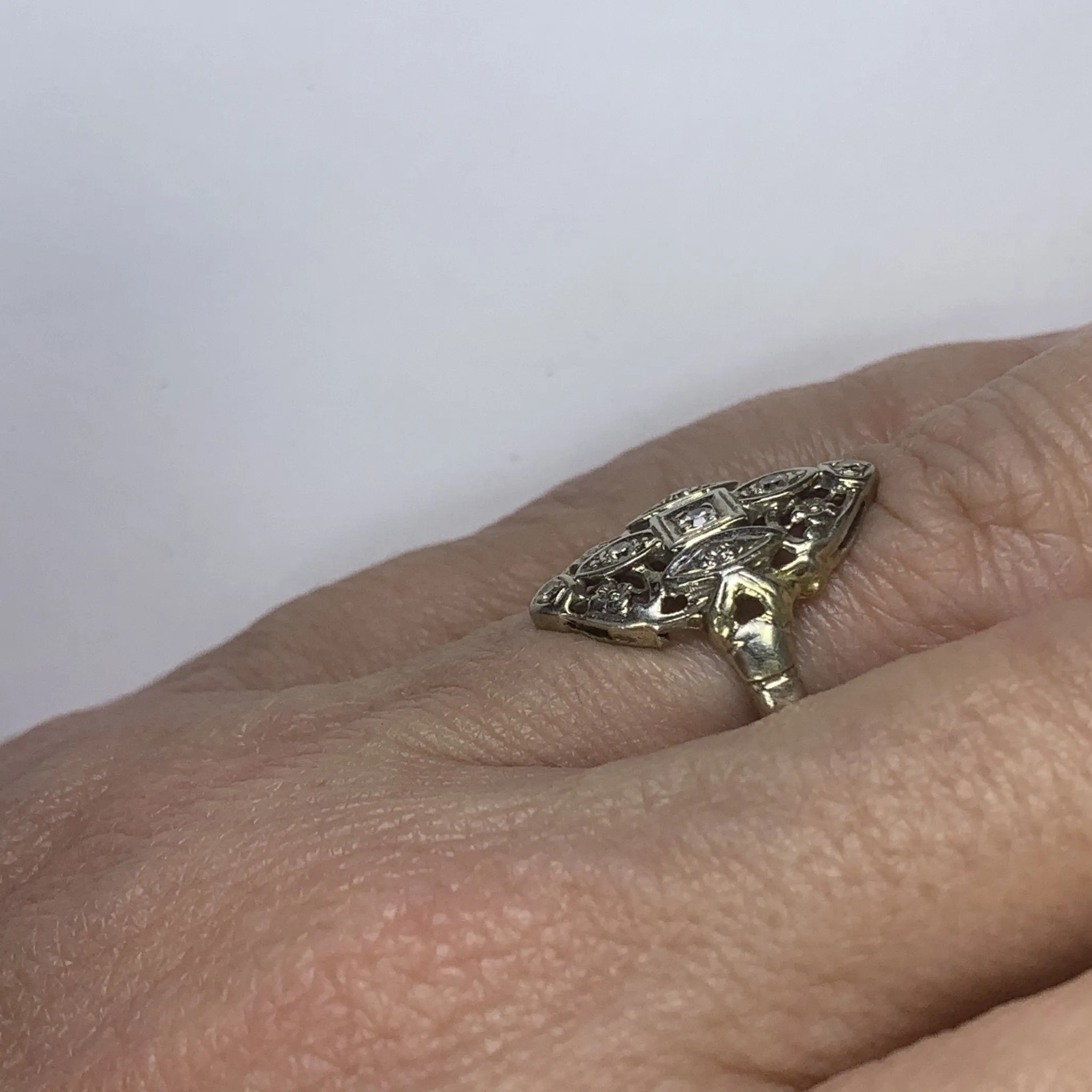 Vintage Diamond Shield Ring in a 14K White Gold Art Nouveau Filigree Setting. Unique Engagement Ring.