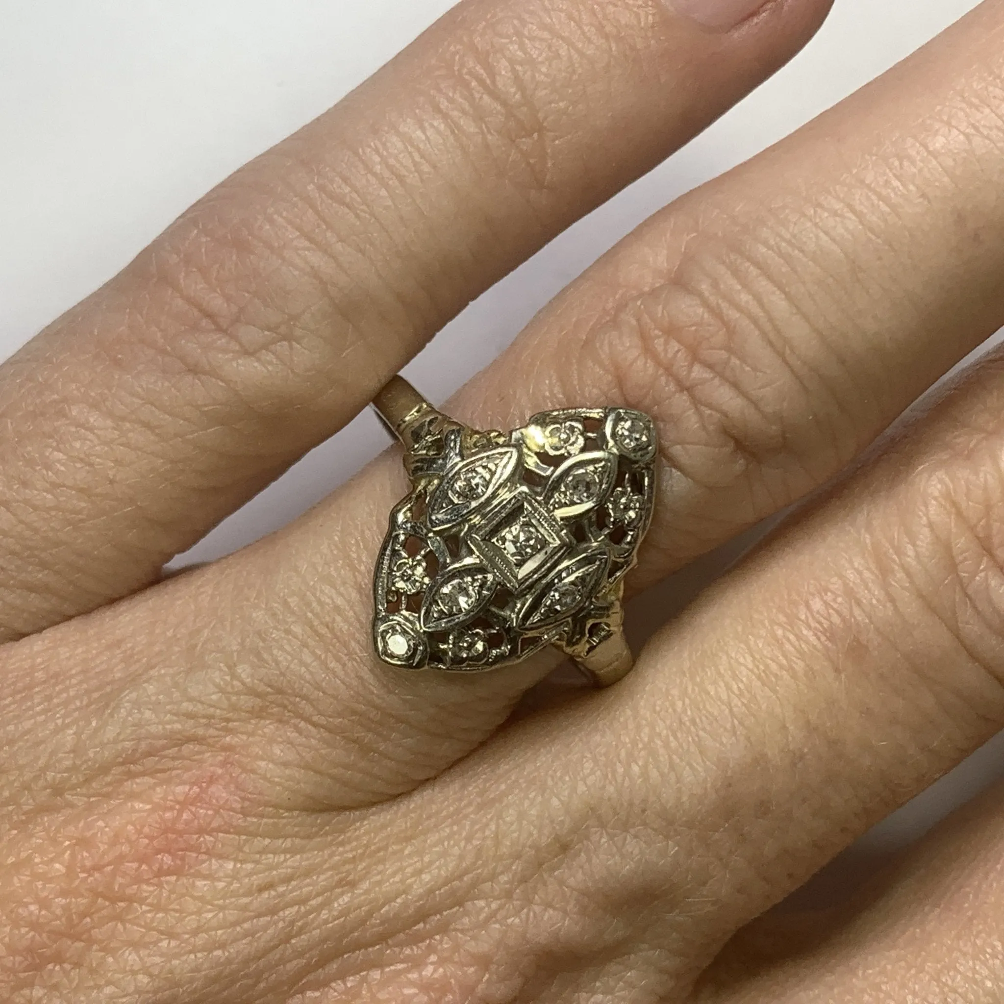 Vintage Diamond Shield Ring in a 14K White Gold Art Nouveau Filigree Setting. Unique Engagement Ring.