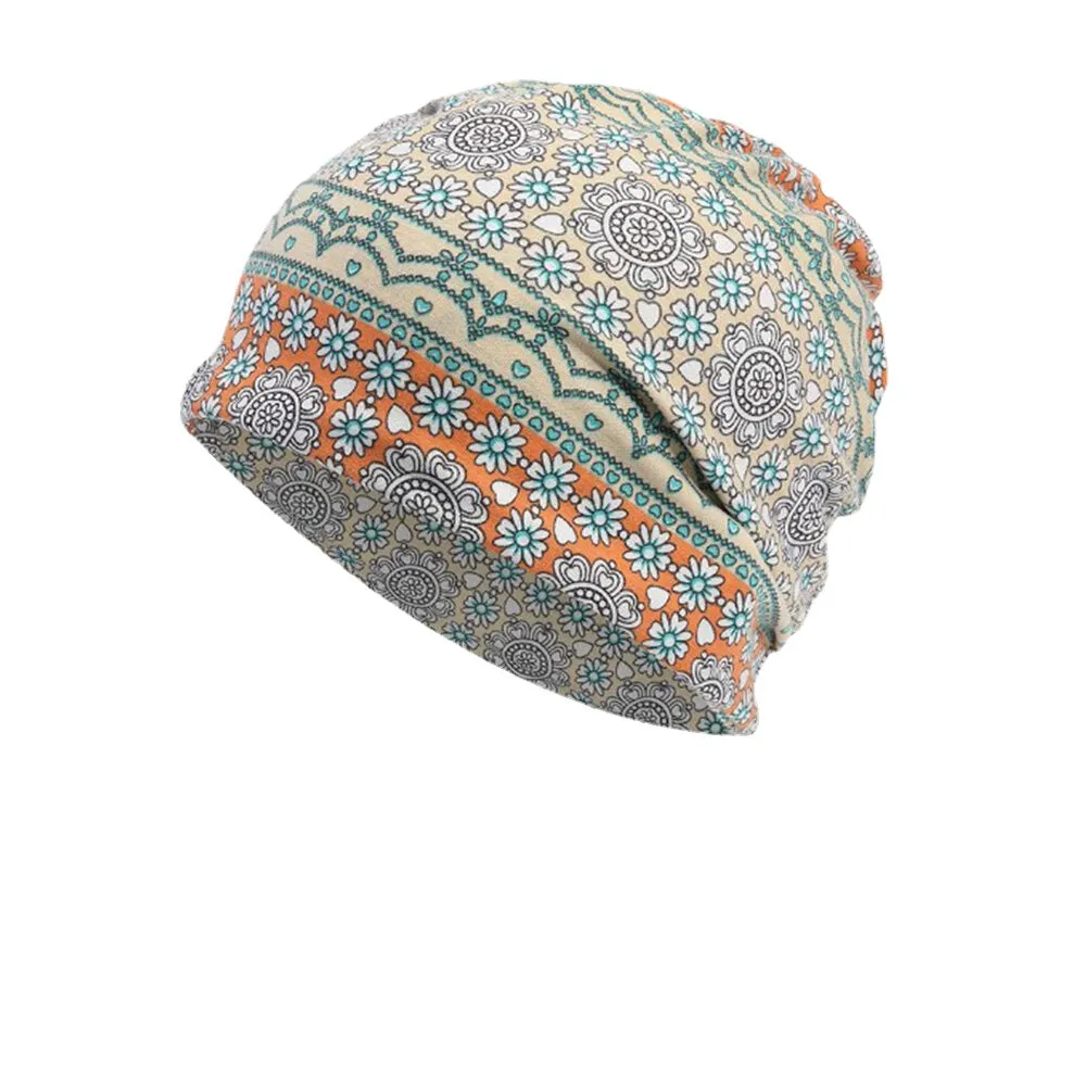 Women Full Cotton Non-allergenic Baotou Hat Bib Fashion Flower Printed Autumn Winter Plus Velvet Warm  Scarf Beanie Hat