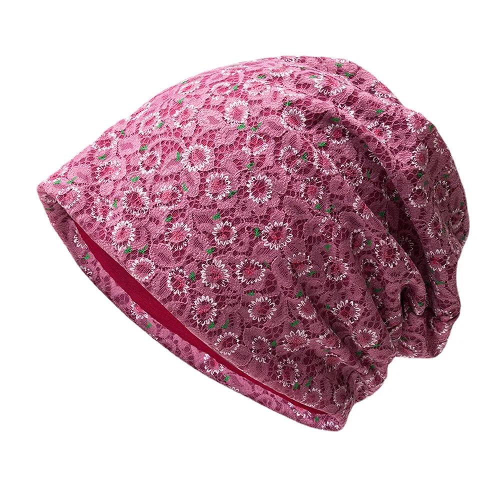 Women Lace Floral Pattern Printed Hollow Breathable Sun Protection Beanie Hat Baotou Hat