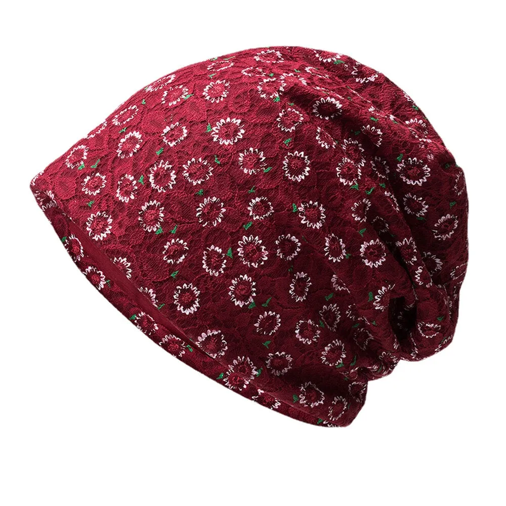 Women Lace Floral Pattern Printed Hollow Breathable Sun Protection Beanie Hat Baotou Hat