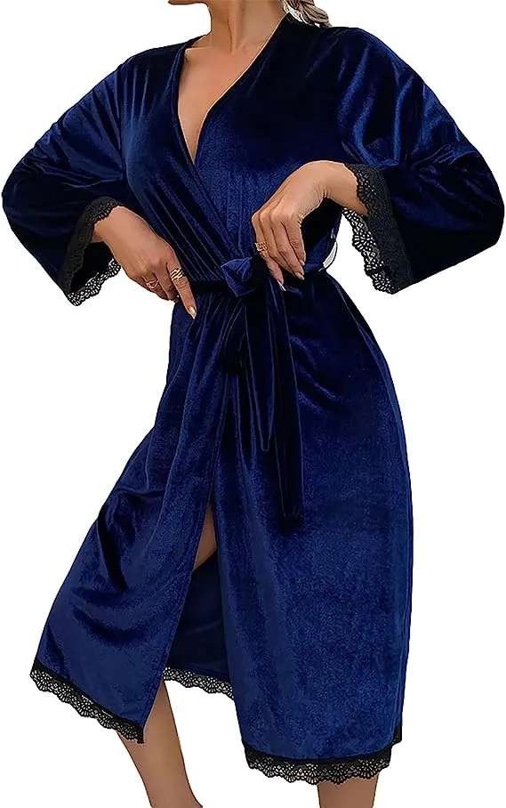 Women's Lace Velvet Robe Sexy V Neck Nightgown Short Bathrobe Sleepwear for Bridal Wedding