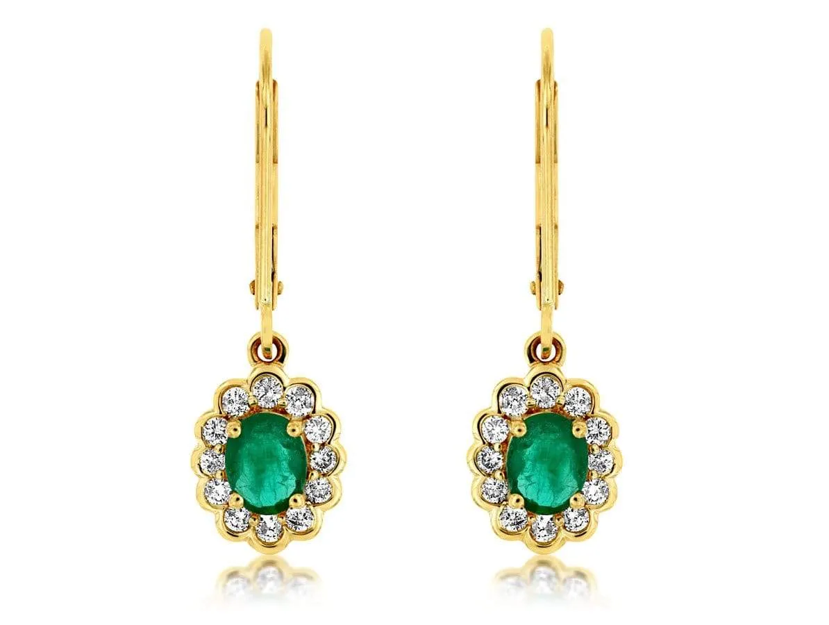 Yellow Gold Emerald and Diamond Dangle Earrings